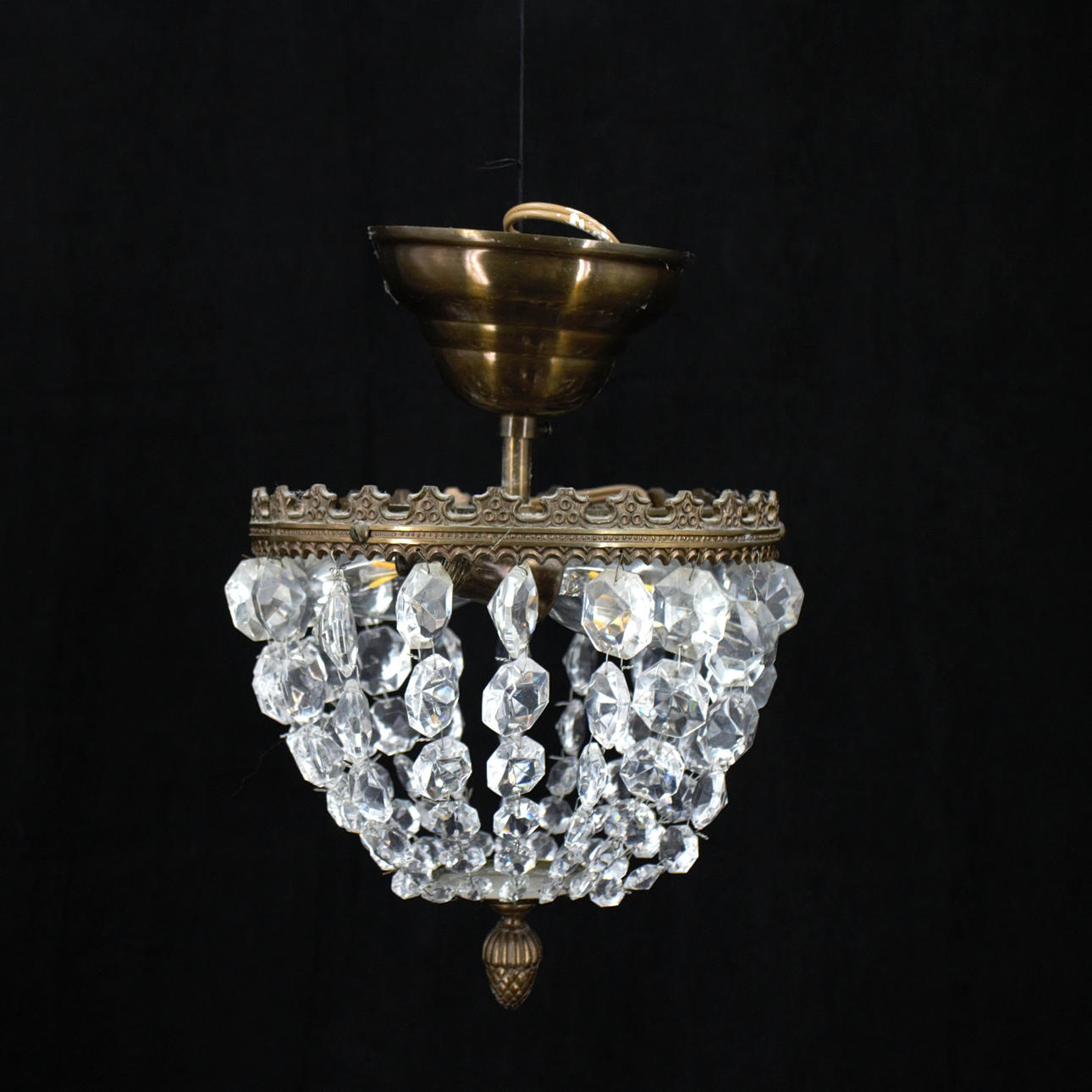 CEILING LAMP, flush mount model, two light points, brass, crystal prisms, 20th century.