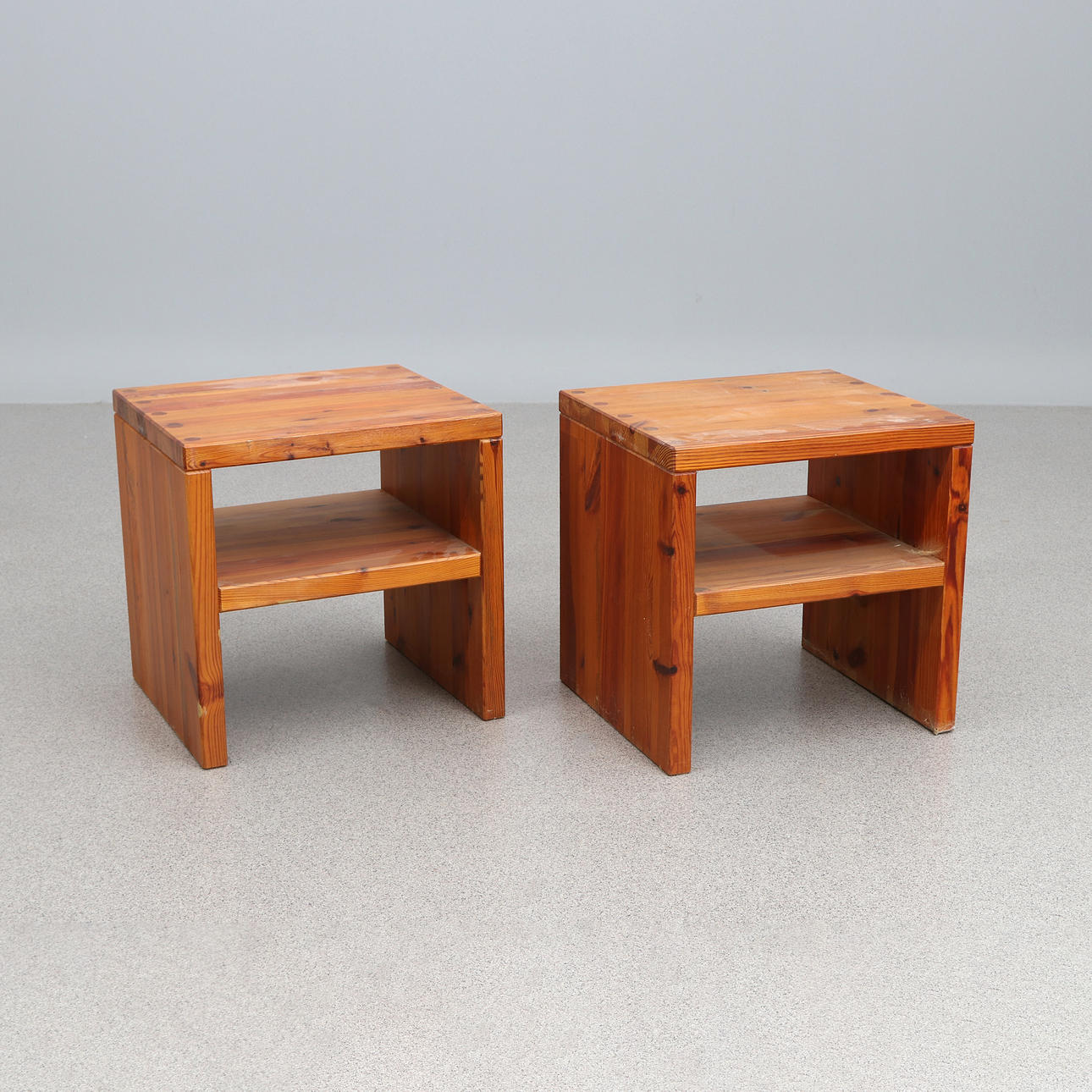 BEDSIDE TABLES, A PAIR. Pine. 1970s/80s. Unmarked.