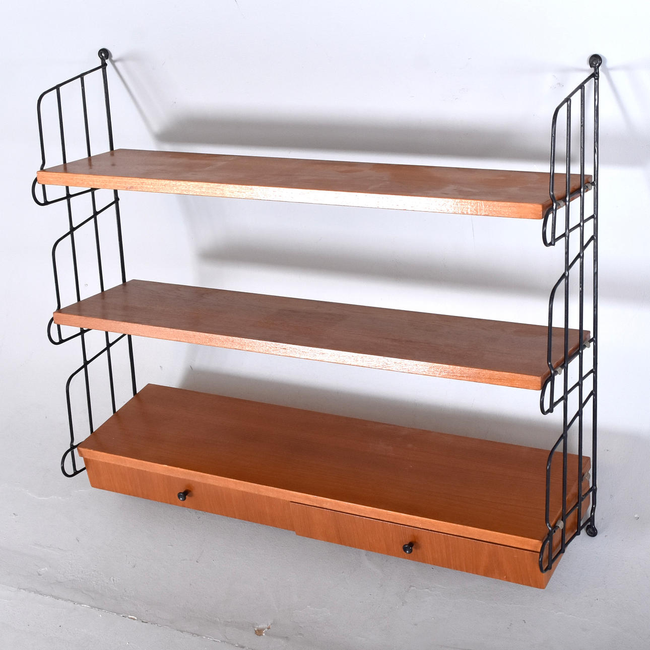 WALL SHELF, teak and lacquered metal, String type.