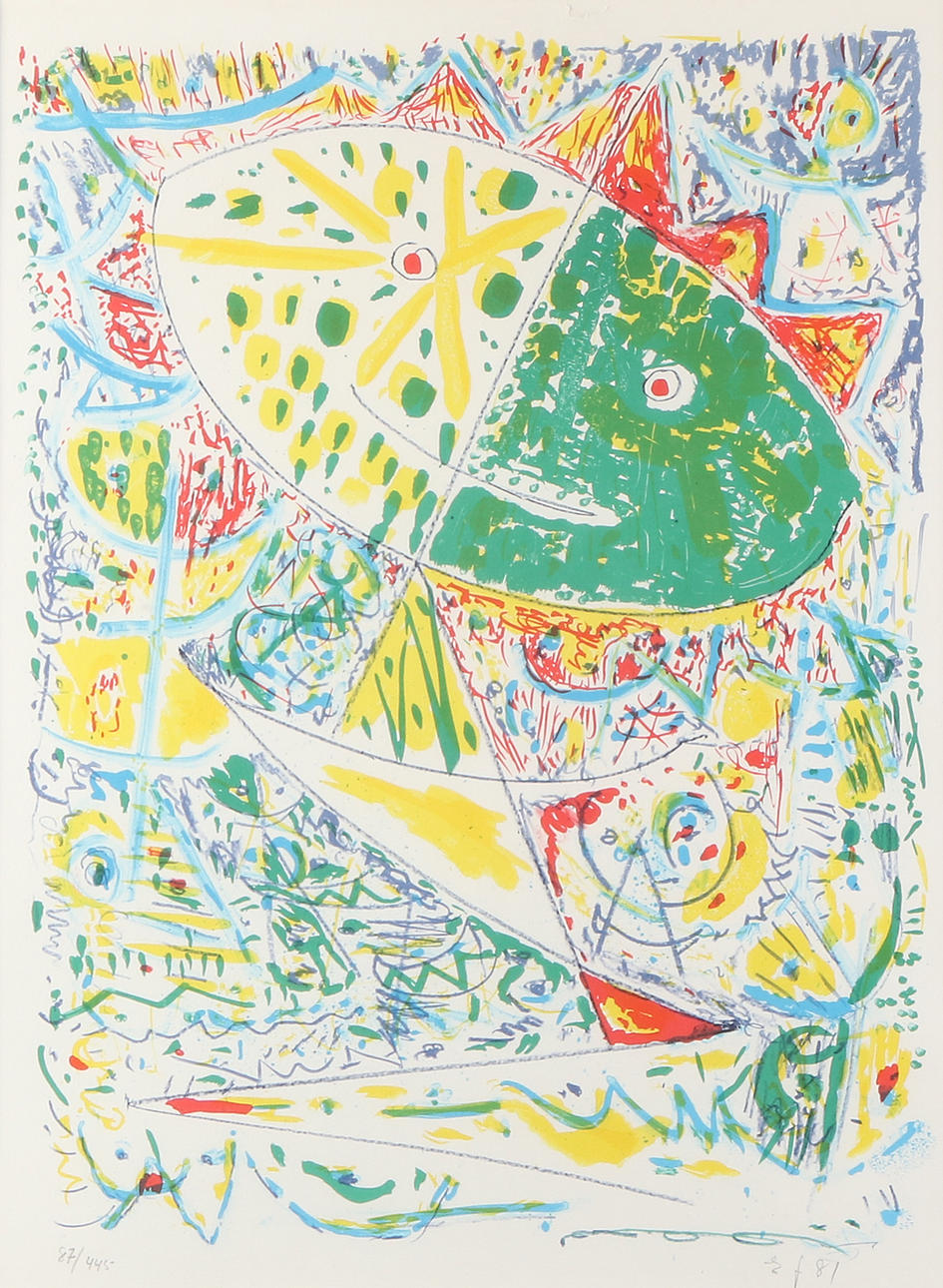 EGILL JACOBSEN. Lithograph, 87/445. Composition with figure. Signed and dated 81.