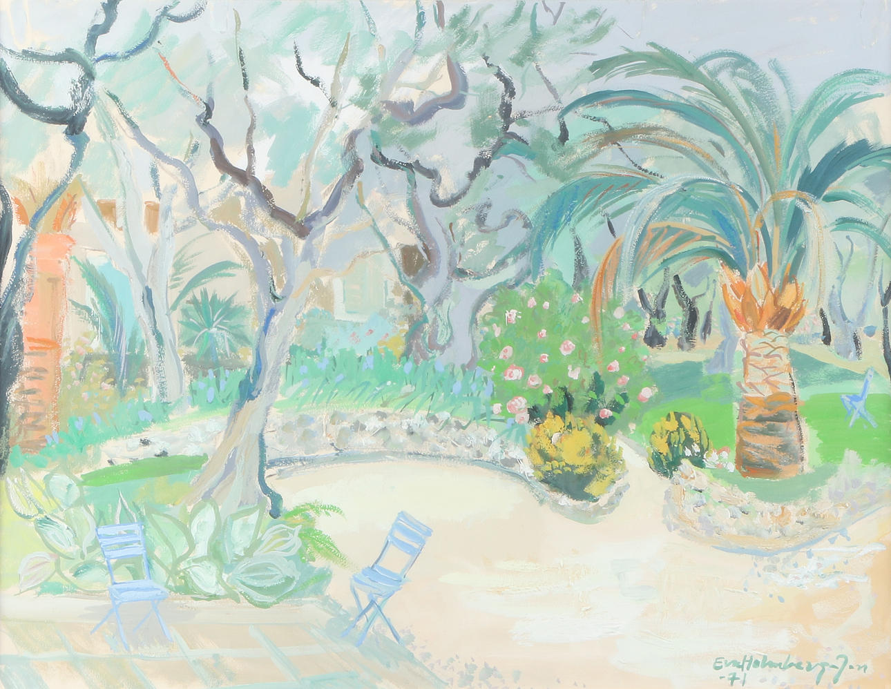 EVA HOLMBERG-JACOBSSON. Gouache. Park landscape. Signed.