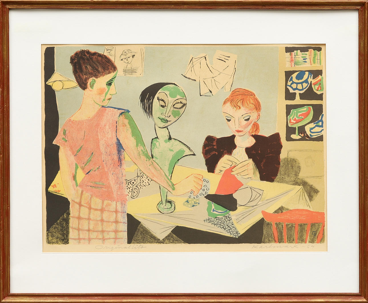 GERHARD KARLMARK. Milliners, colour lithograph, original print, signed, dated -64.