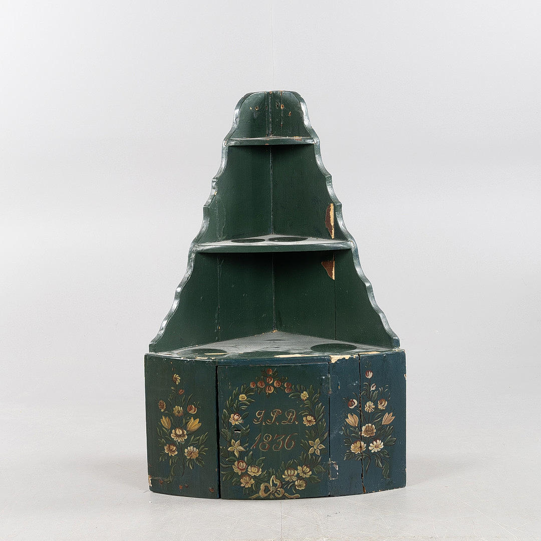 WALL CABINET, corner model, folk art, painted wood, dated 1836.