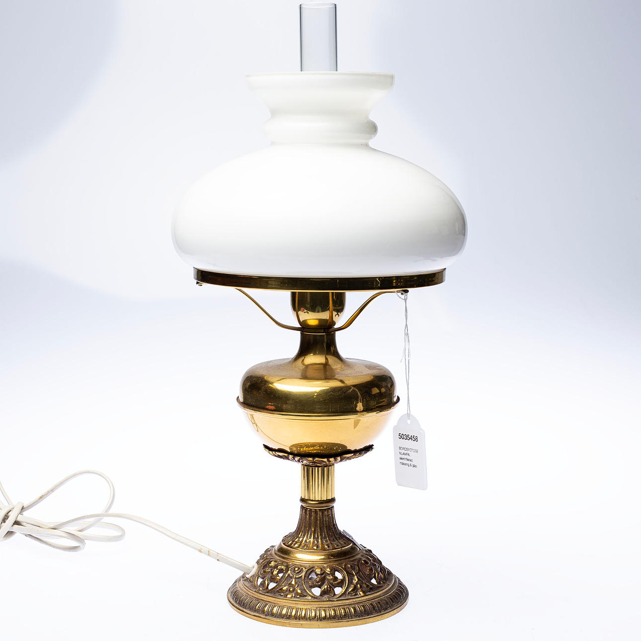 TABLE OIL LAMP, electrified, brass & glass.