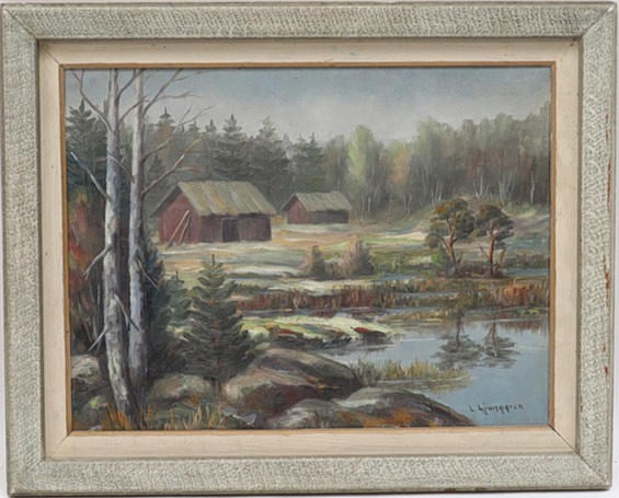 OIDENTIFIERAD KONSTNÄR. Forest scene with cottages, signed L Ljunggren.