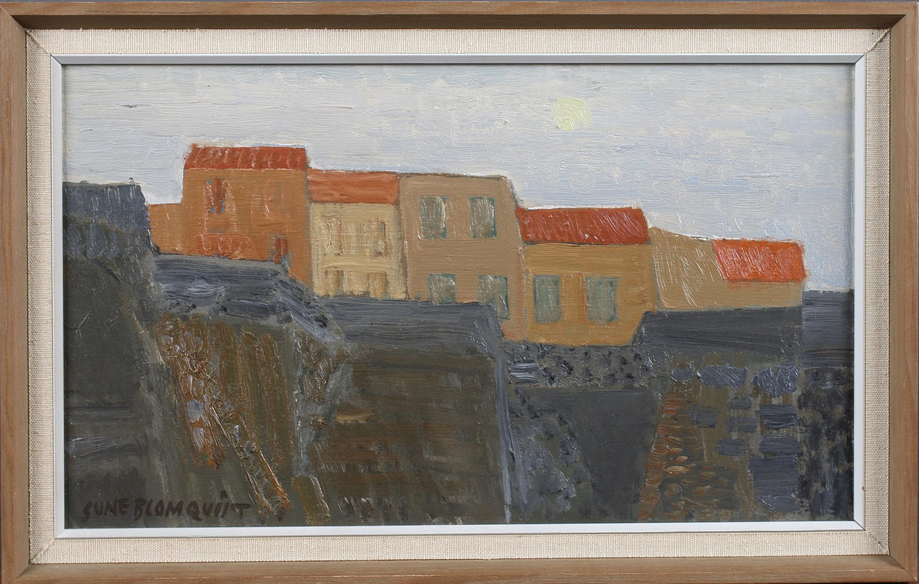 SUNE BLOMQVIST. Bergsby, olja på pannå, signerad.