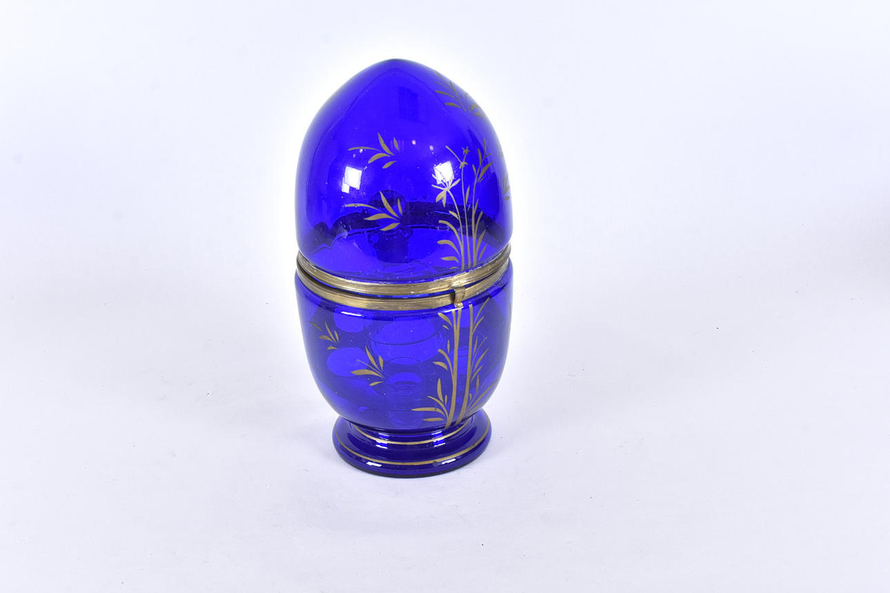 LIDDED CONTAINER, cobalt glass with metal mount.