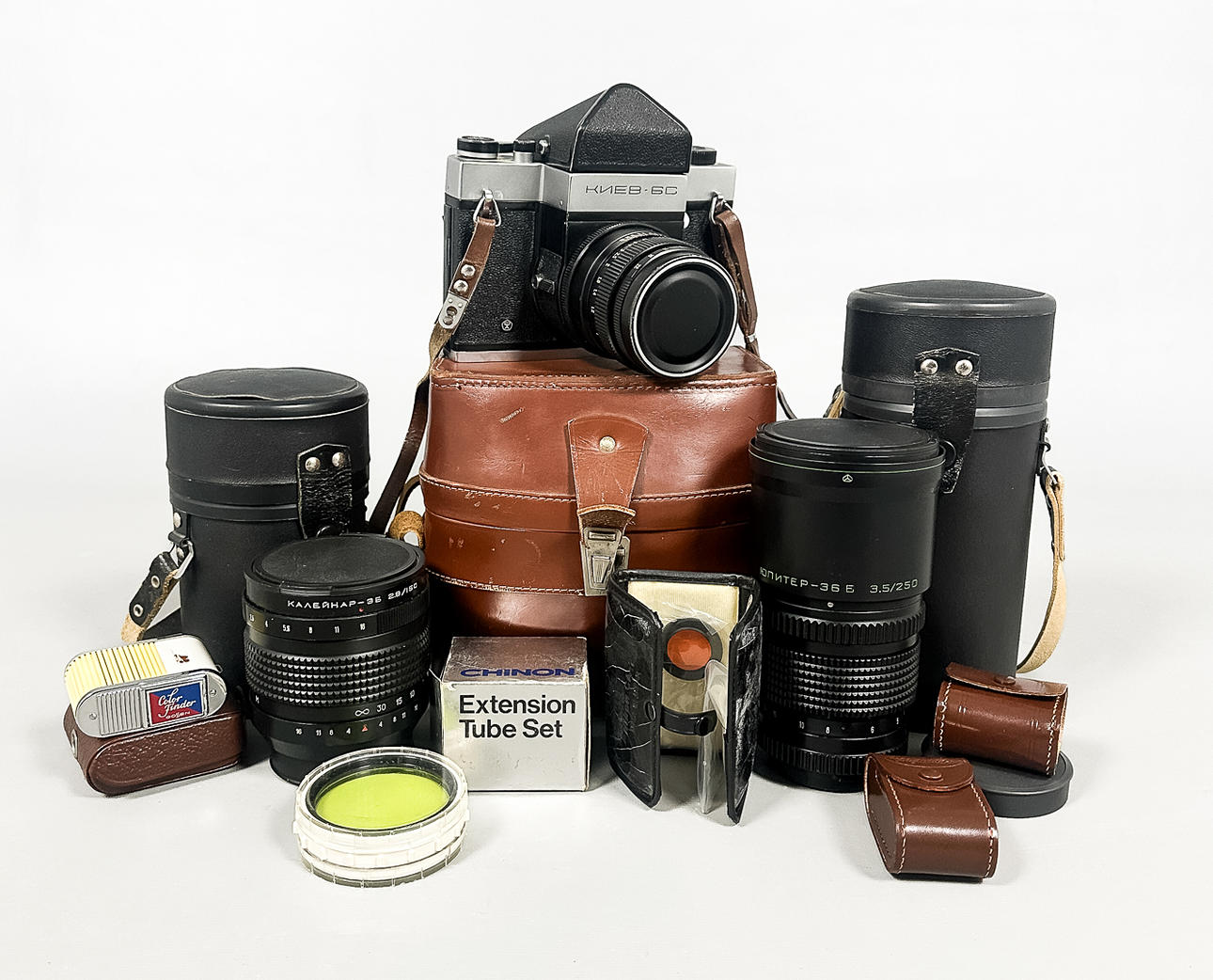 CAMERA & ACCESSORIES, 9 pieces. Soviet.