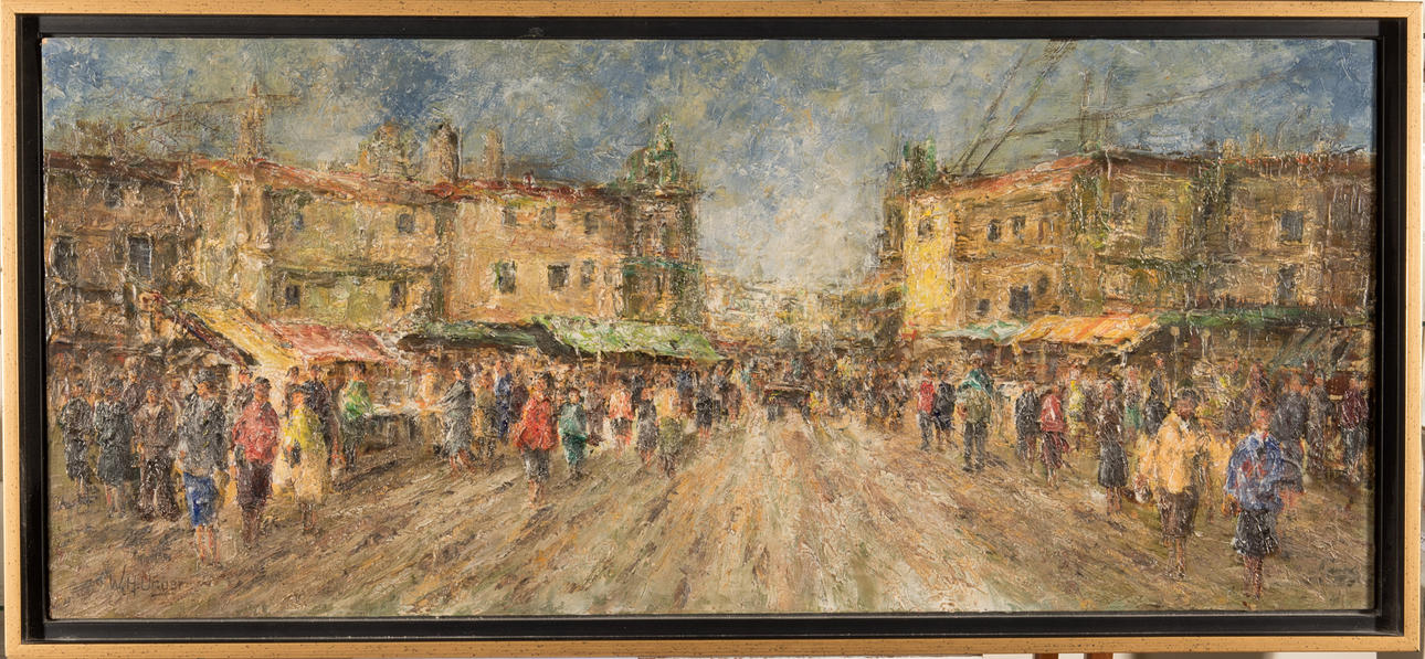 WOLFGANG HEINZ UNGER. marknadsstånd, olja på trä.