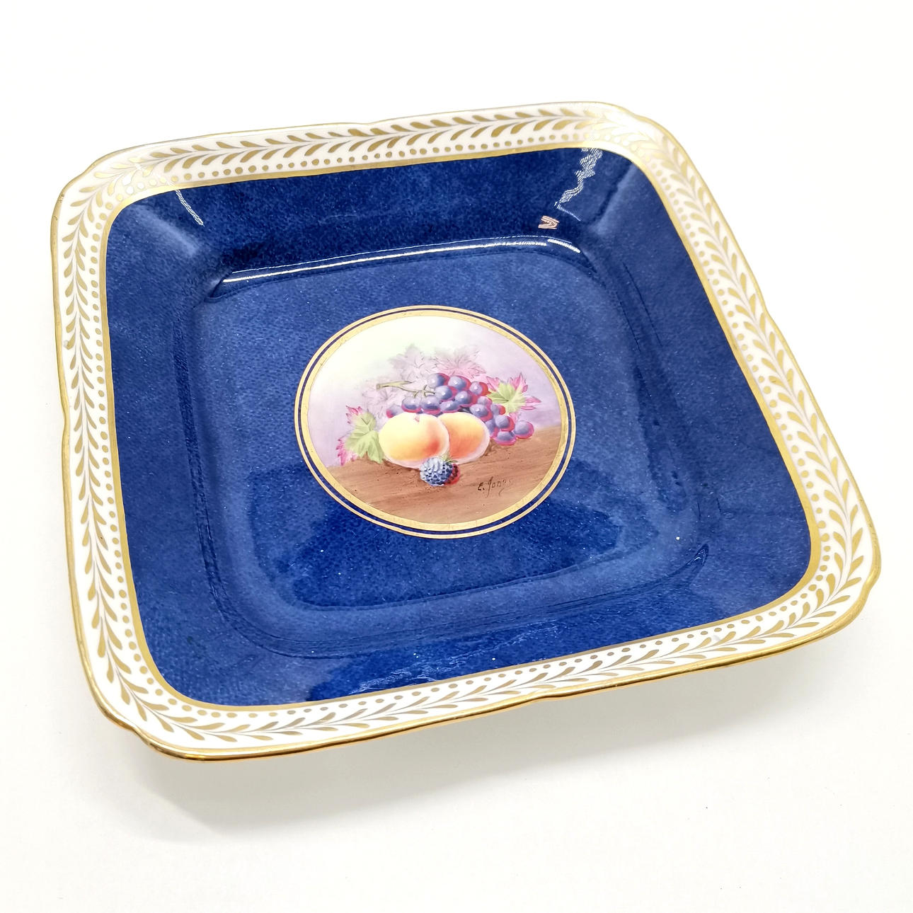 NEW CHELSEA SQUARED DISH WITH FRUIT DECORATION BY E JONES.