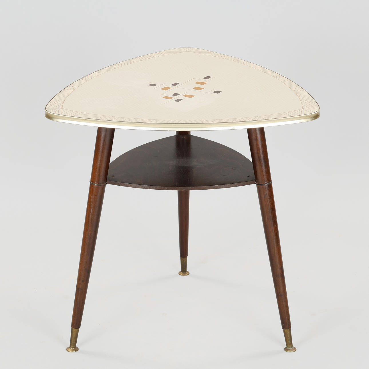 Triangular side table in wood, brass and Formica, 1950s.