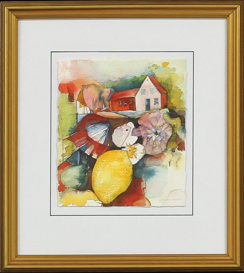 SMAIL AJKUNIC. Motiv med hus och frukter, akvarell, signerad.
