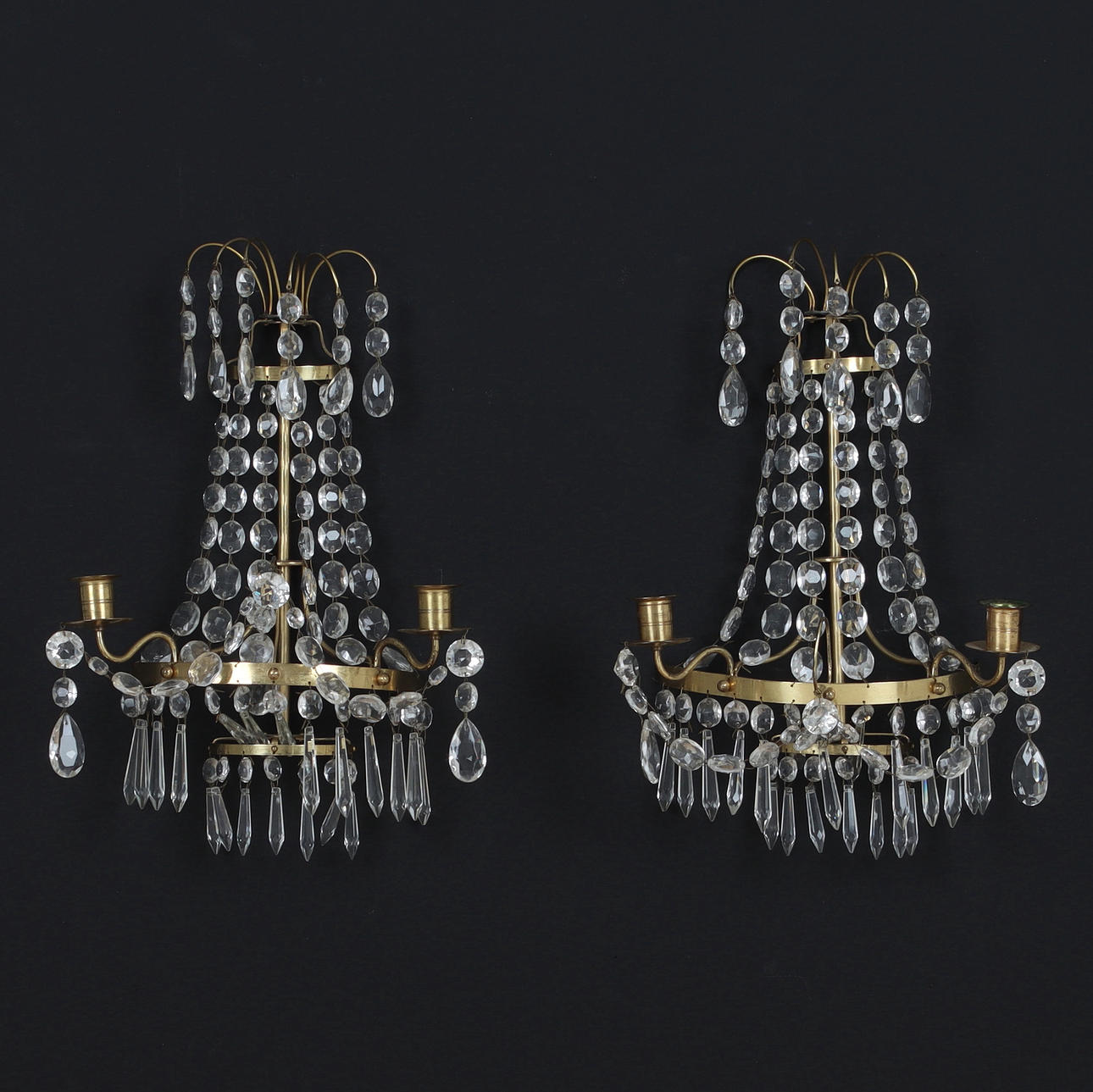 WALL SCONCES, a pair, brass, prisms, 20th century.