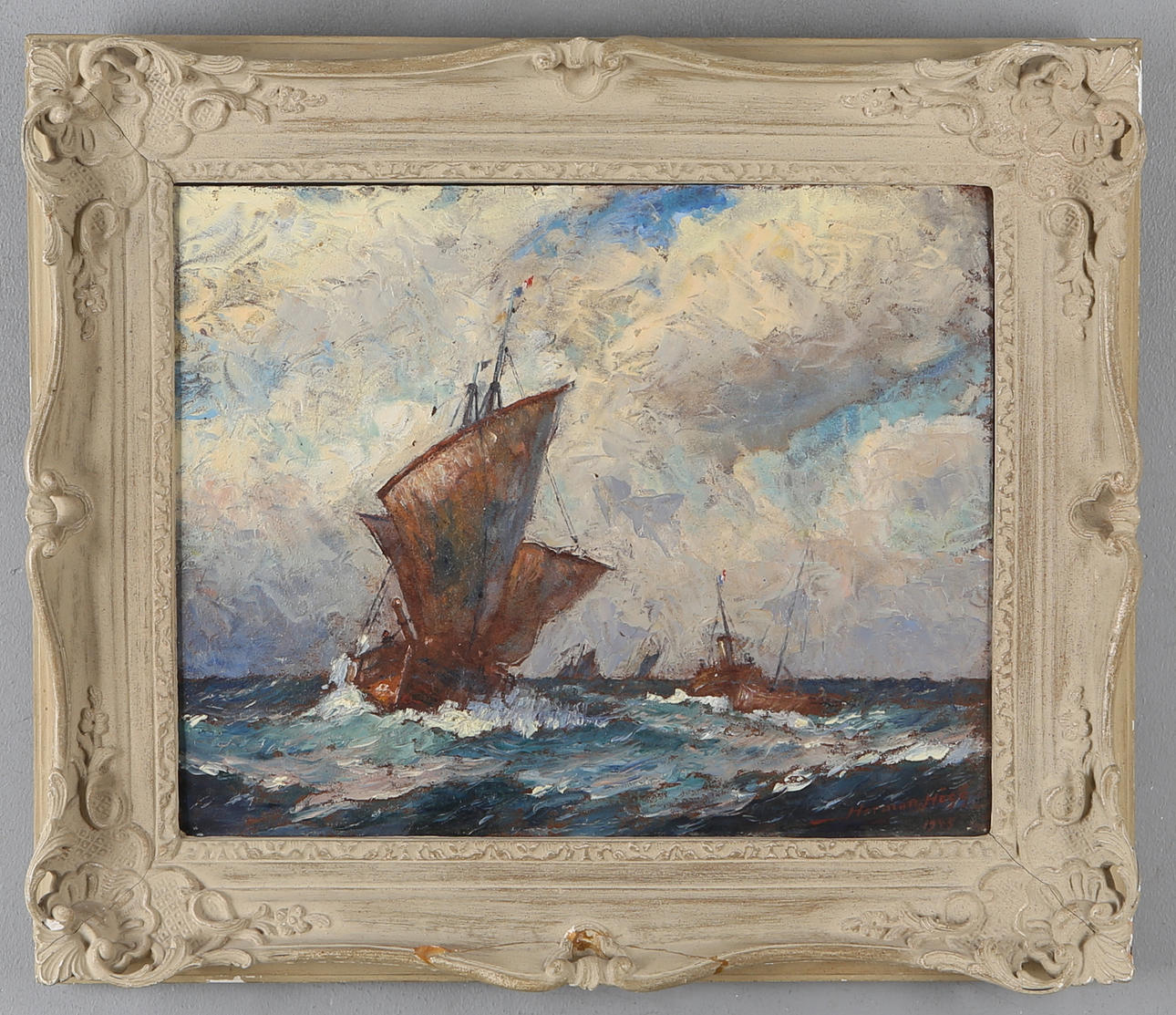 HERMAN HÄGG. Marint motiv med segelbåtar, olja på pannå, signerad och daterad 1945.