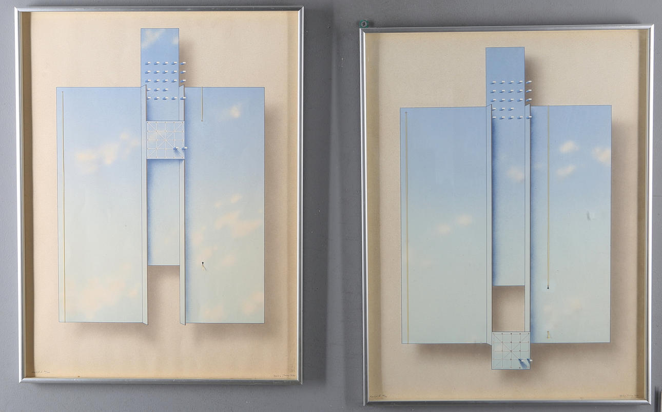 HOLGER BÄCKSTRÖM OCH BO LJUNGBERG. Litografi och collage, 2 st, "Forklift I", "Forklift II", signerade Beck o Jung, daterade (1978), samt numrerade 49/150.