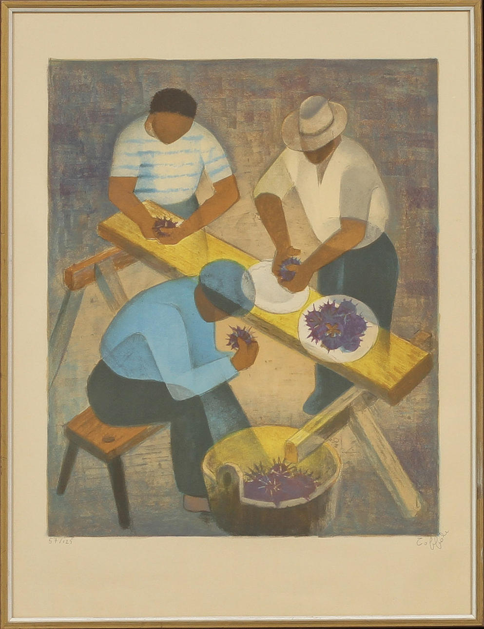 LOUIS TOFFOLI. Sjöborrsrensning samt gitarrist, litografier 2 st, sign o numrerade 57/125 resp 24/125.