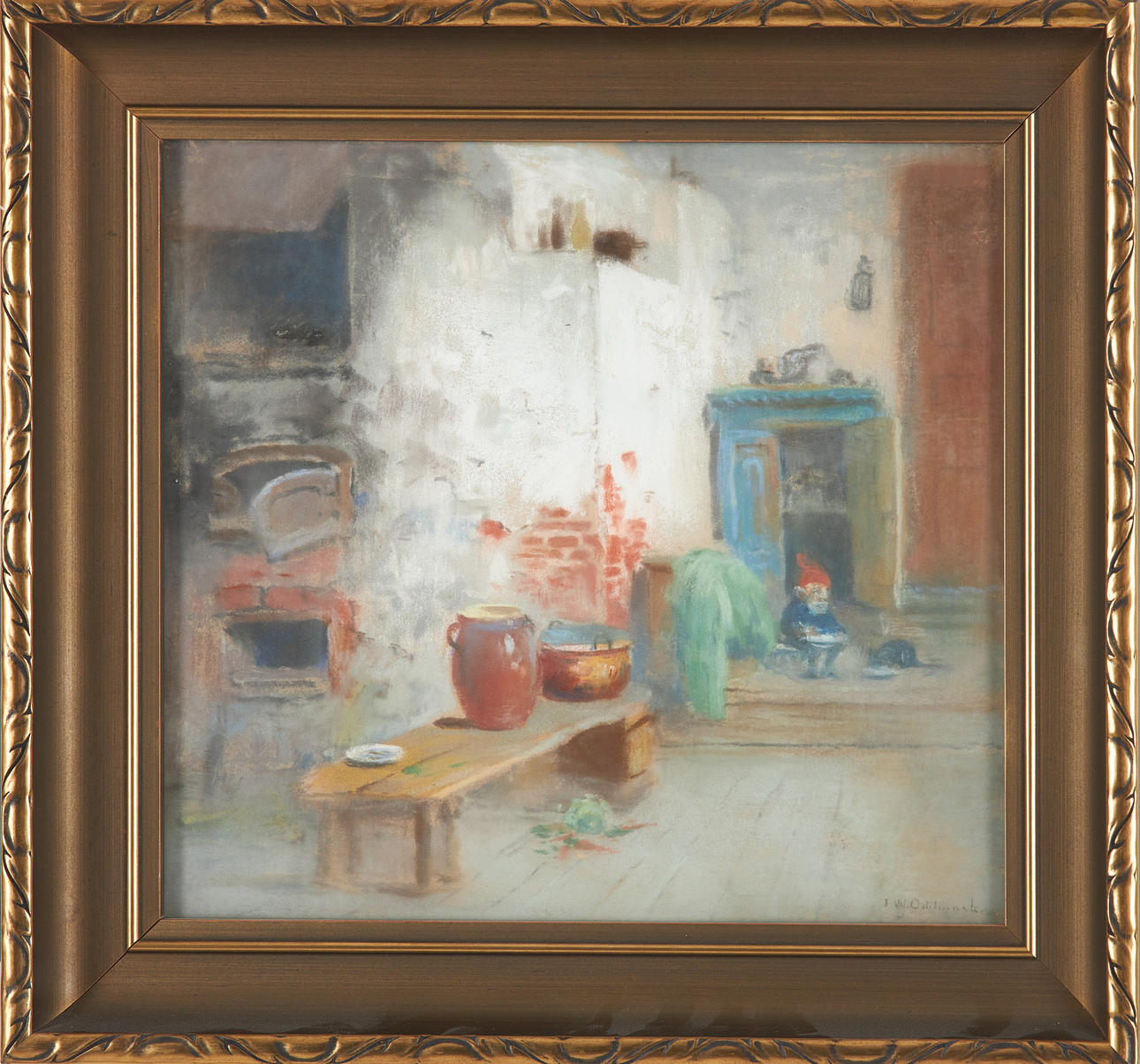 FRANS WILHELM ODELMARK. Interior with small tomte, pastel, signed.
