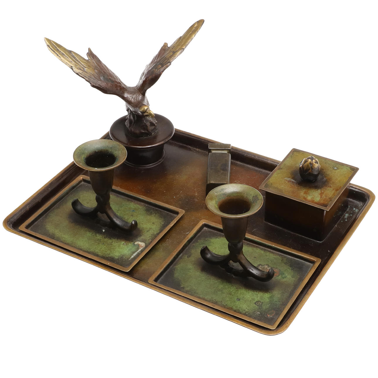 A DANISH FOUR PIECE BRONZE DESK SET.