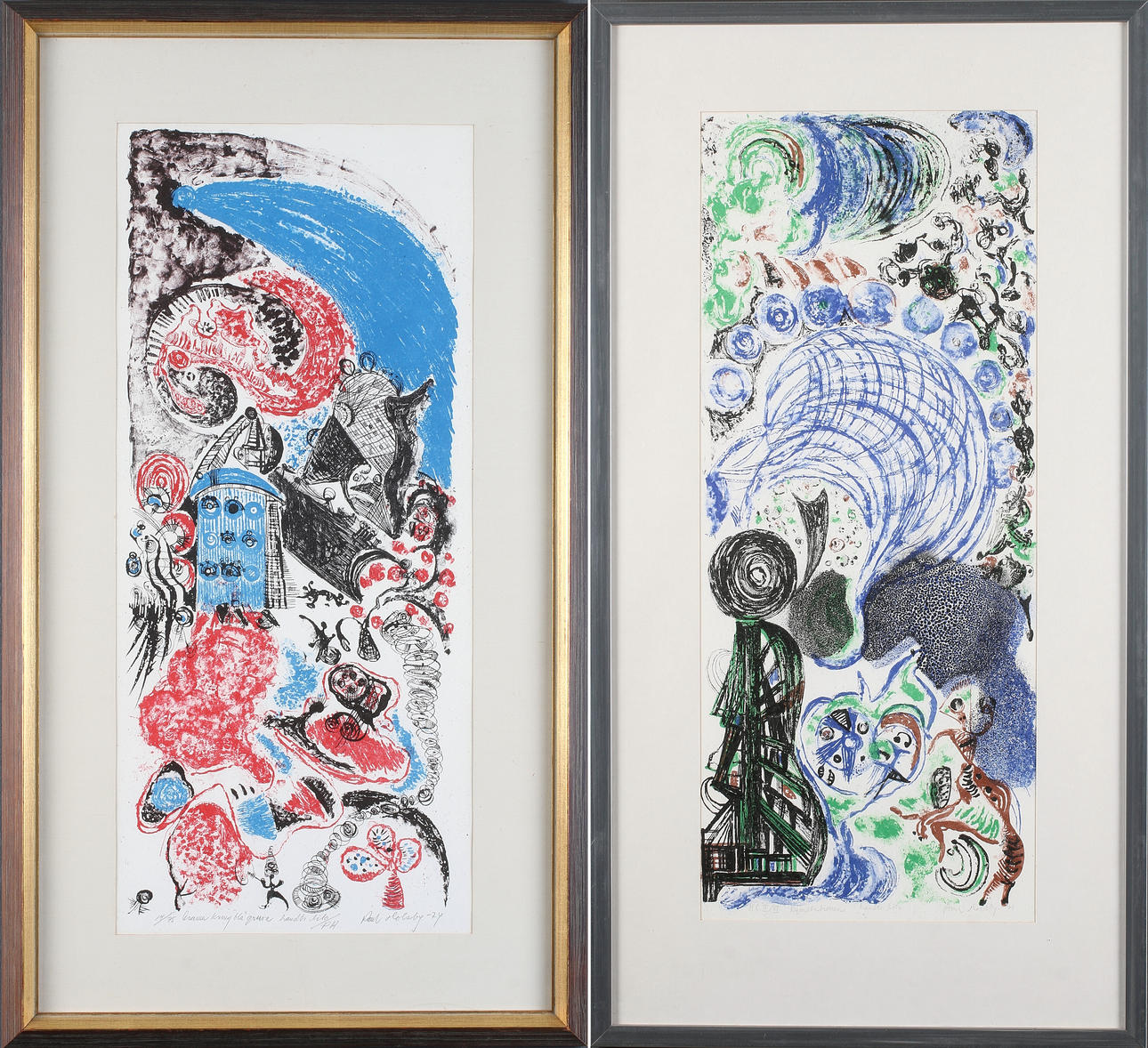 PAUL HOLSBY. "Rymdstationen" och "Drama kring blå gruva", 2 st. färglitografier, signerade, numrerade HC II/VI respt. 14/75 och daterad -71/74.