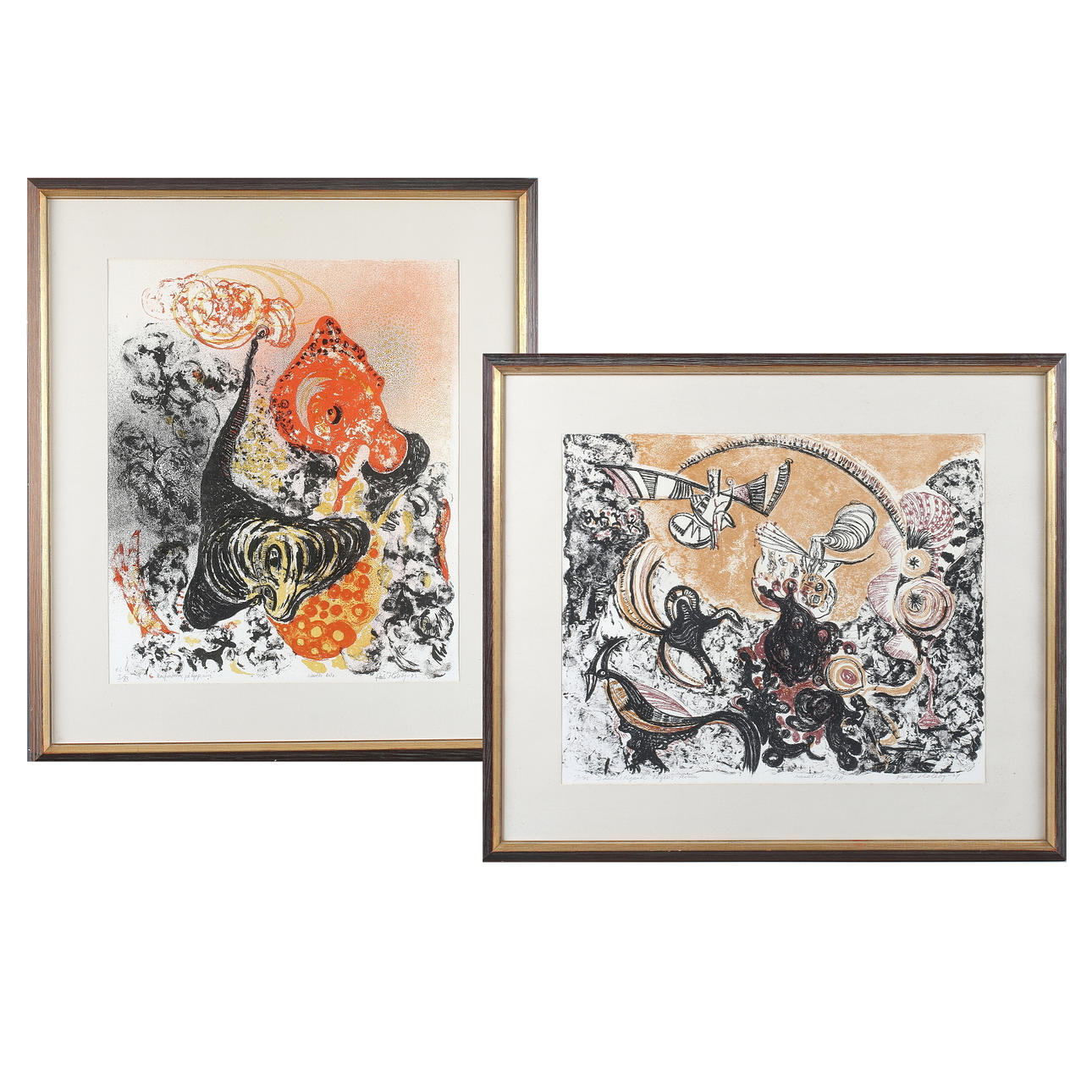 PAUL HOLSBY. "I den stigande vägens tecken" och "Konfrontation på djup nivå", 2 st. färglitografier, signerade, numrerade 13/75 respt. HC I/XX och daterad -73/74.