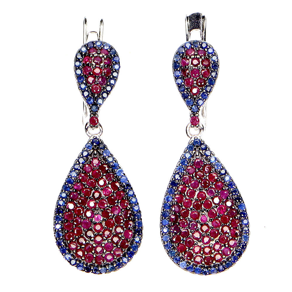 SILVER SAPPHIRE AND RUBY DROP EARRINGS.