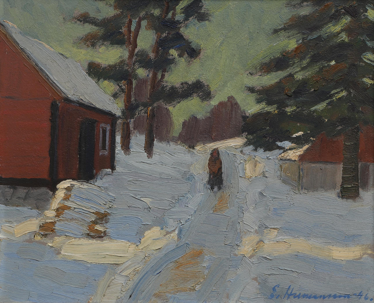 ERIC HERMANSSON. Oil on panel, winter landscape, signed, dated -46.