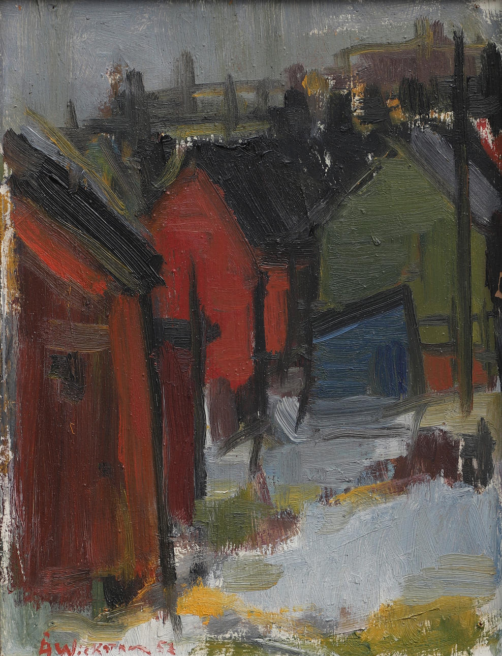 ÅKE WICKSTRÖM. Oil on panel, Fishing huts, signed, dated -52.
