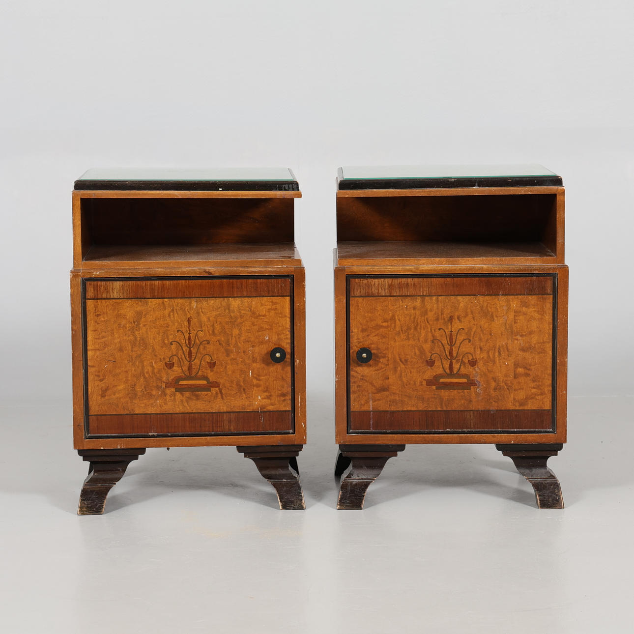 BEDSIDE TABLES pair Art deco with glass top.