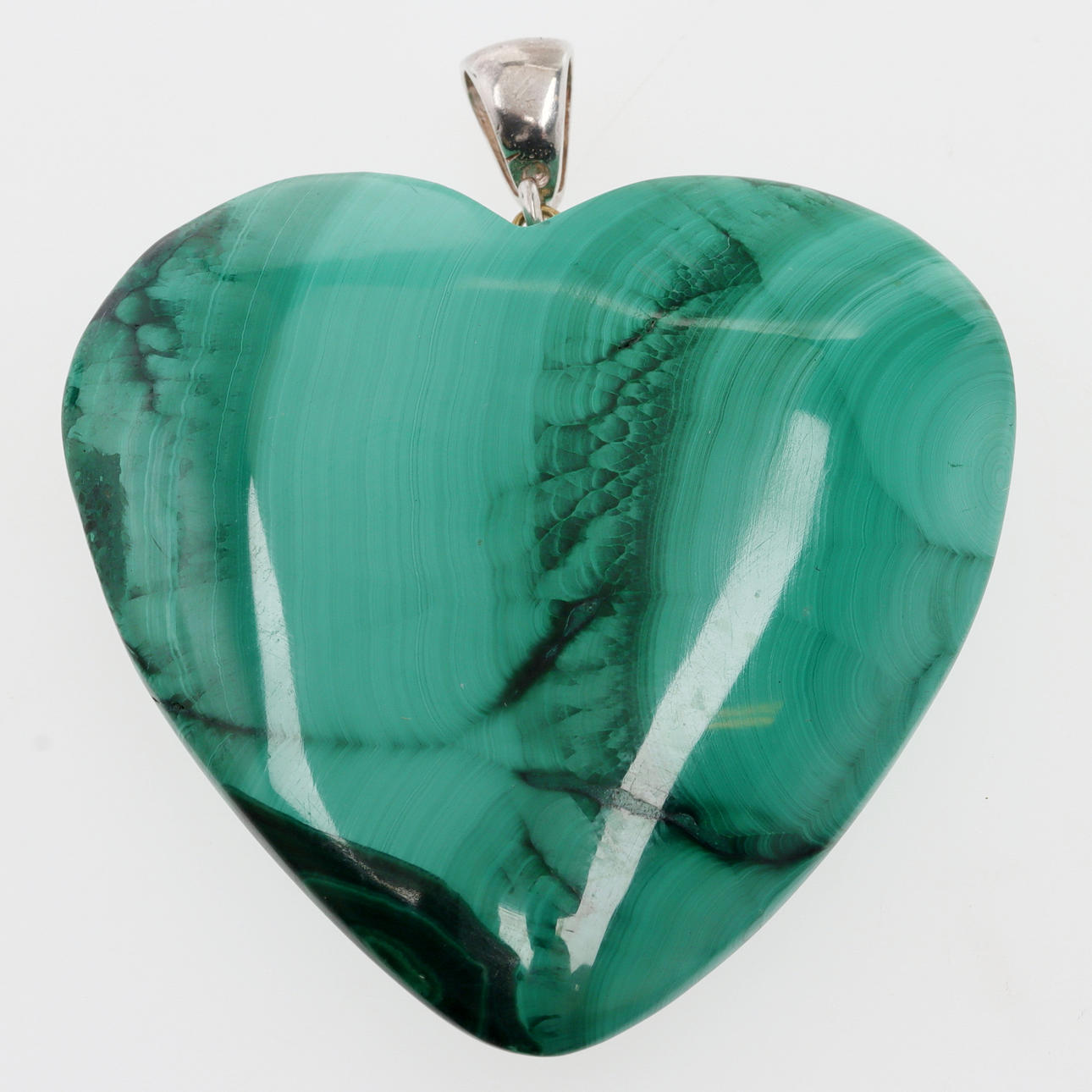 PENDANT, malachite & silver, heart.