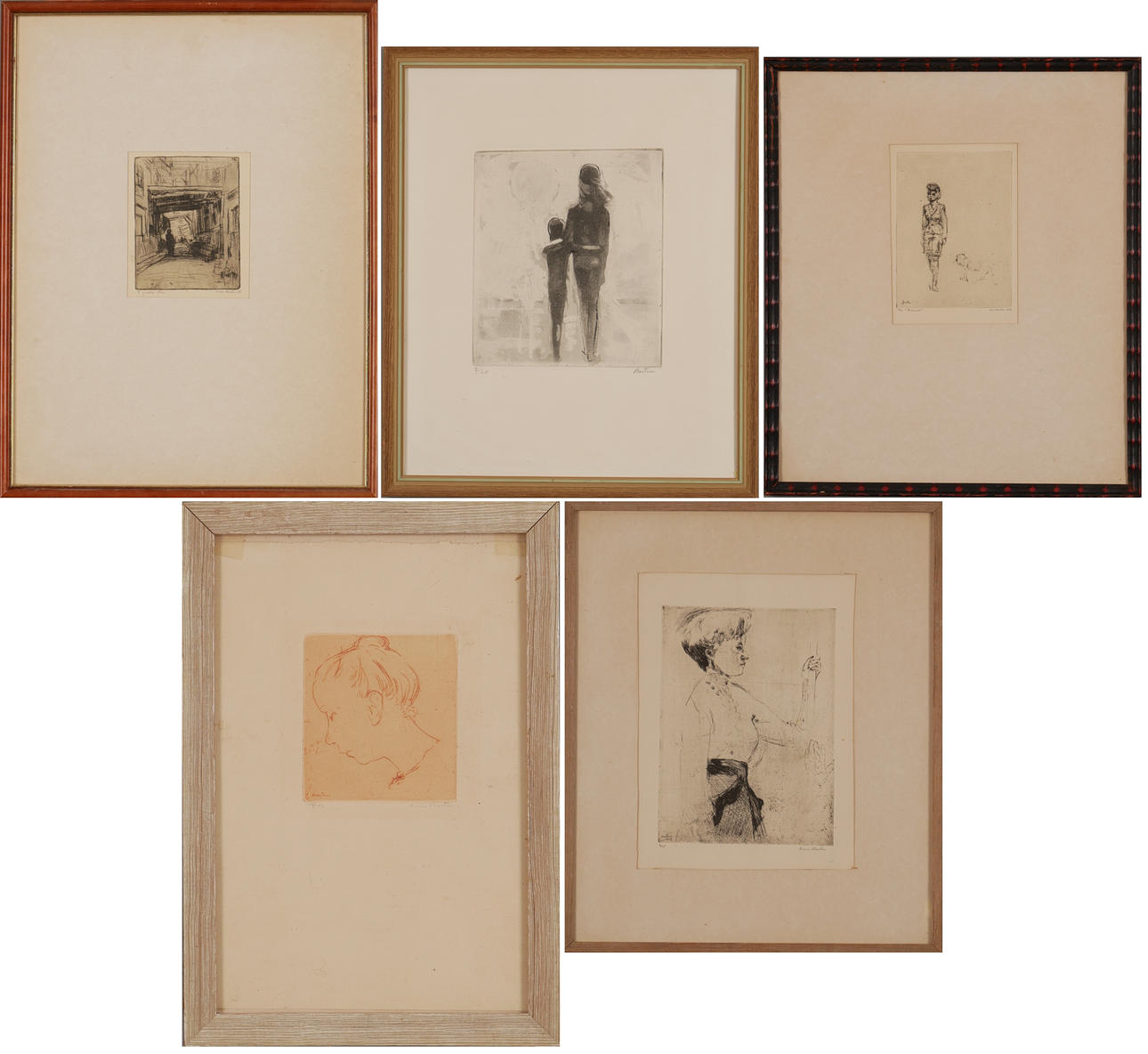LOUIS BASTIN. Etchings, 5 pcs, signed.