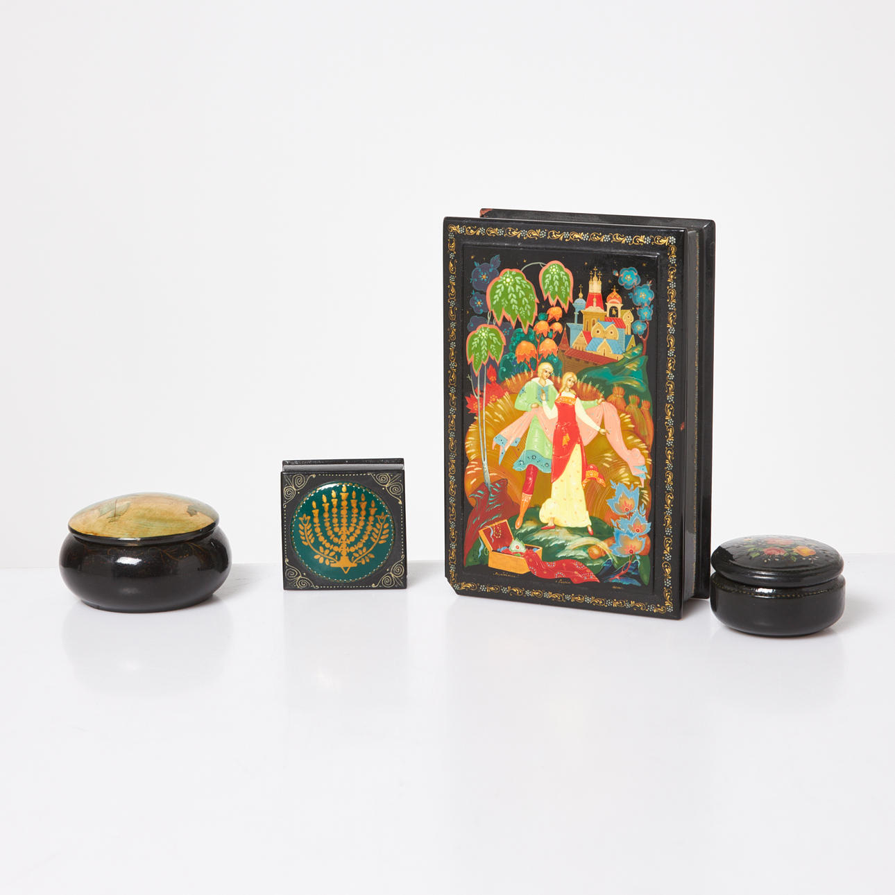 LACQUER BOXES, 4 pcs, Russia, one signed.