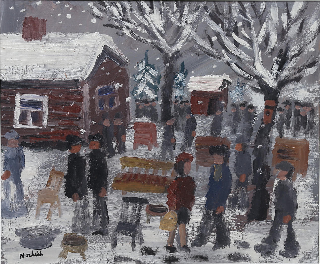 ESKIL NORDELL. "Auktion i gråväder". Olja på pannå, signerad.