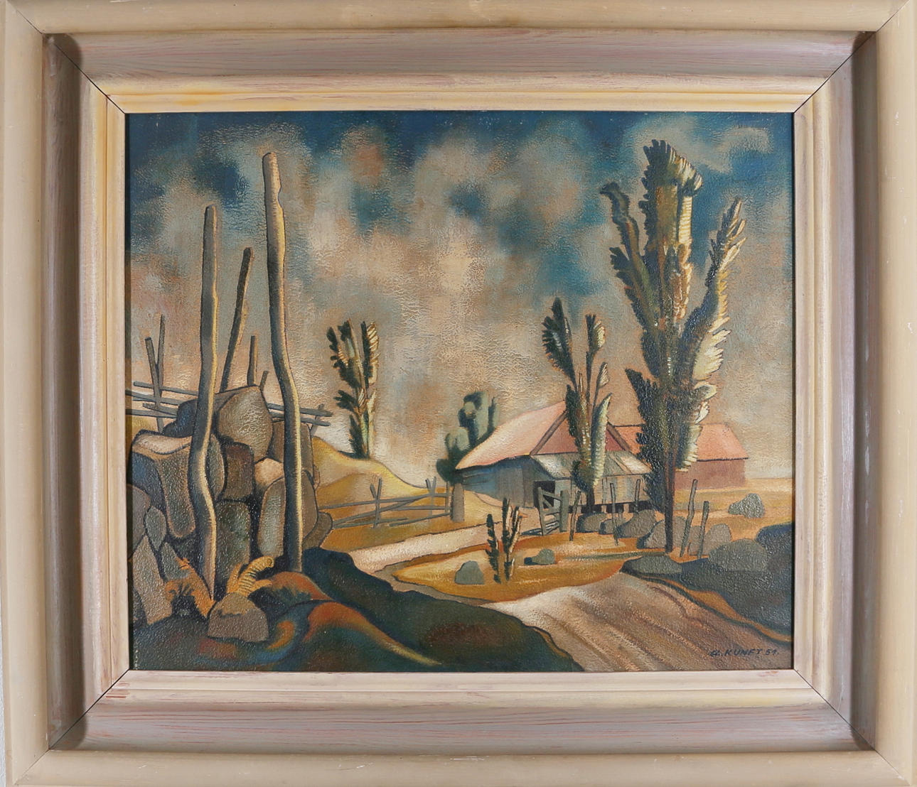 ALFRED KUNFT. Landskap med hus, olja på pannå, signerad och daterad -51.