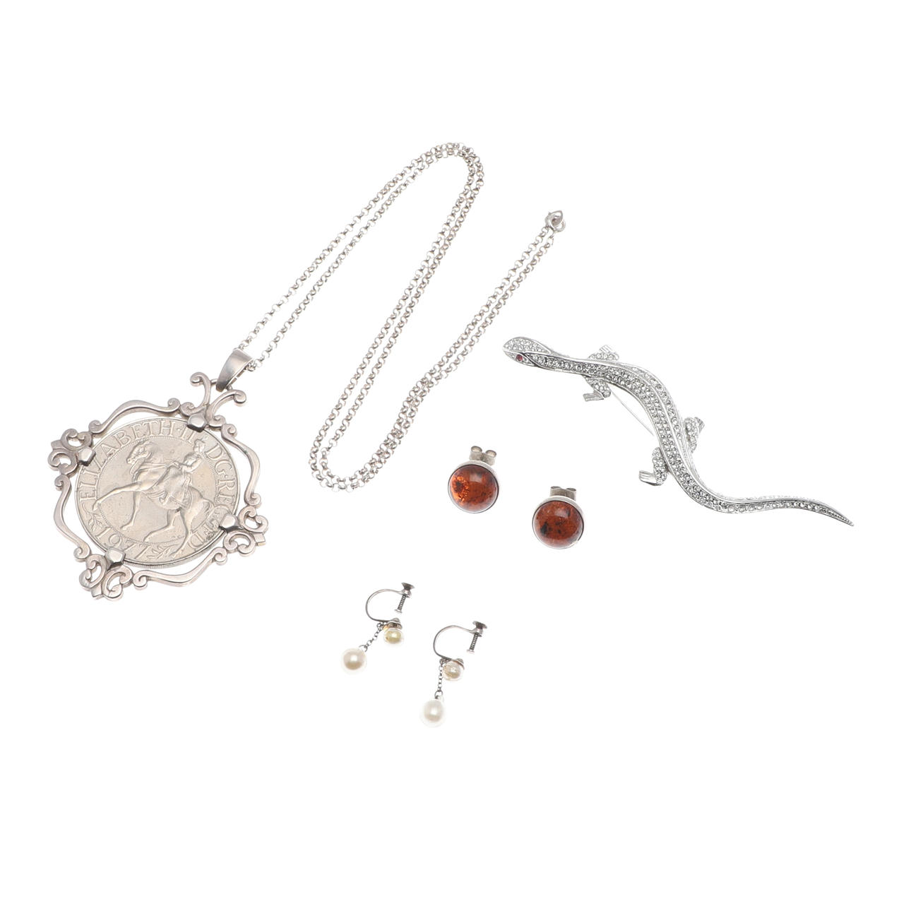 A SILVER MOUNTED CROWN PENDANT ETC.