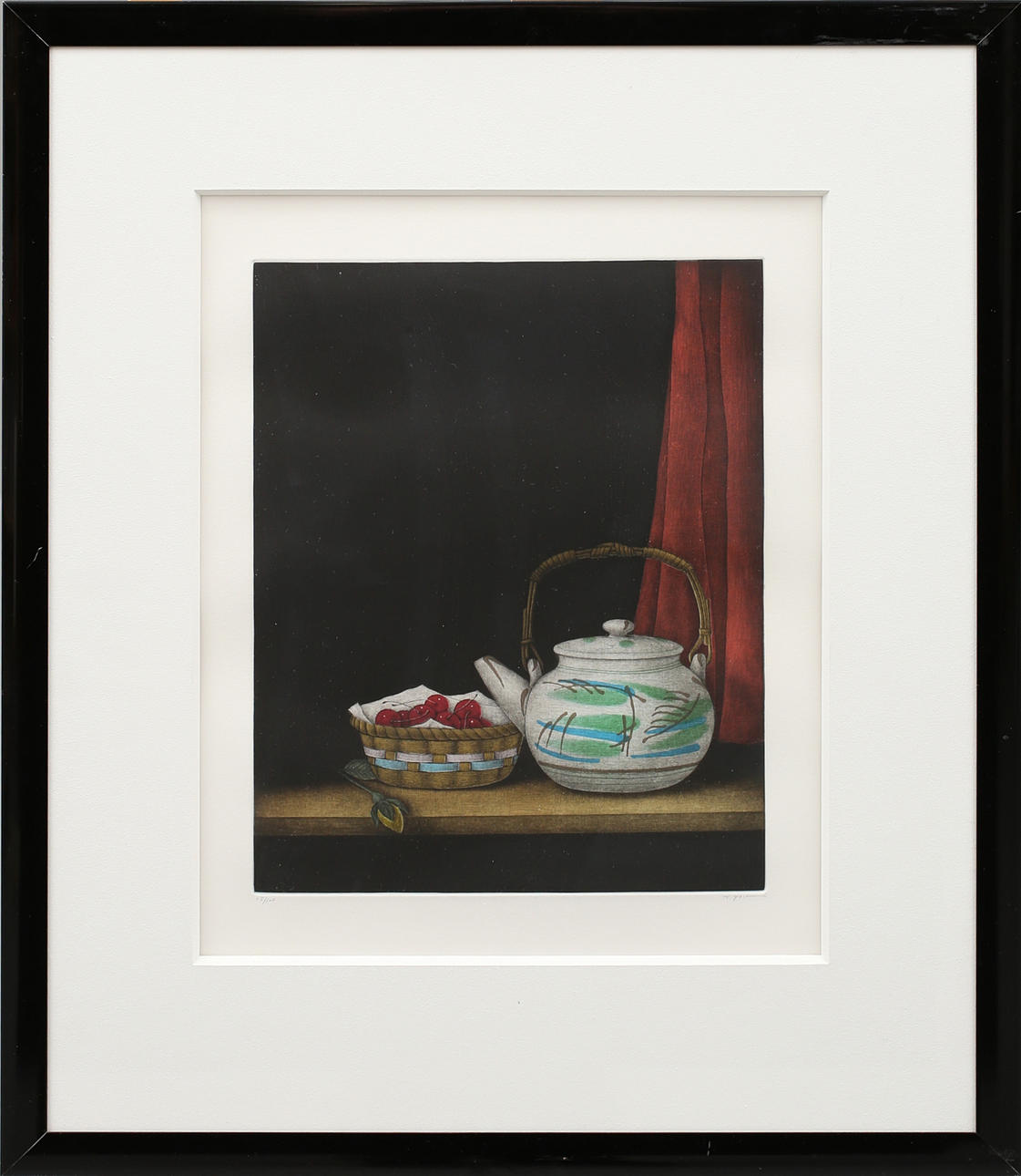 TOMOE YOKOI. Körsbär och tekanna, mezzotint, signerad T Yokoi.