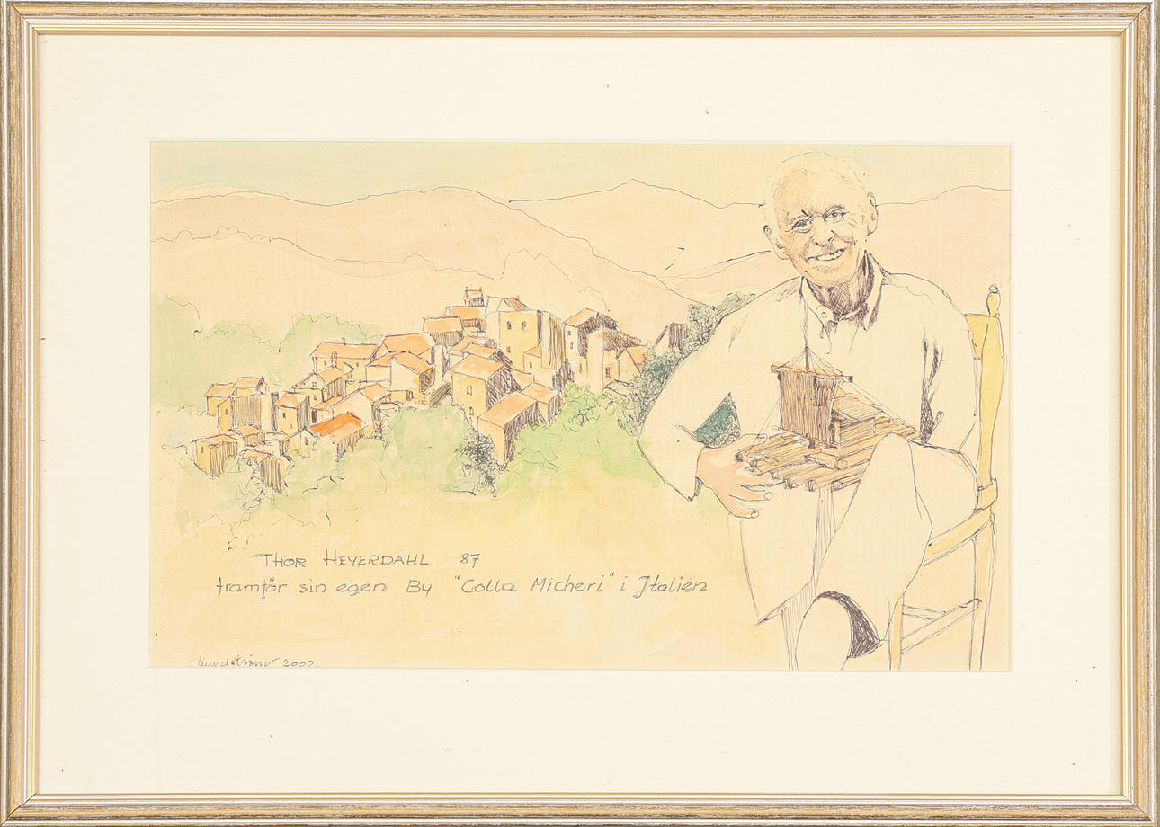 TAGE LUNDSTRÖM. Mixed media, Thor Heyerdahl, signed, dated 2002.