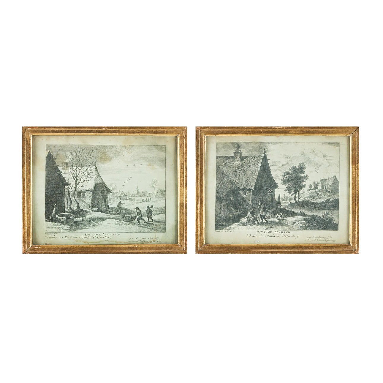 ENGRAVINGS, a pair. 18th century, in contemporary bronzed frames.
