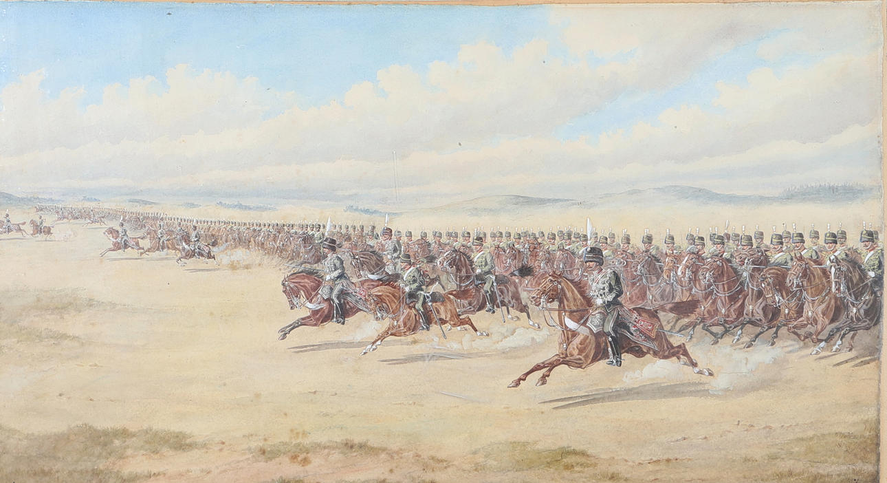 RICHARD SIMKIN (1850-1926). CAVALRY CHARGE BY THE HUSSARS IN AN OPEN DESERT LANDSCAPE.
