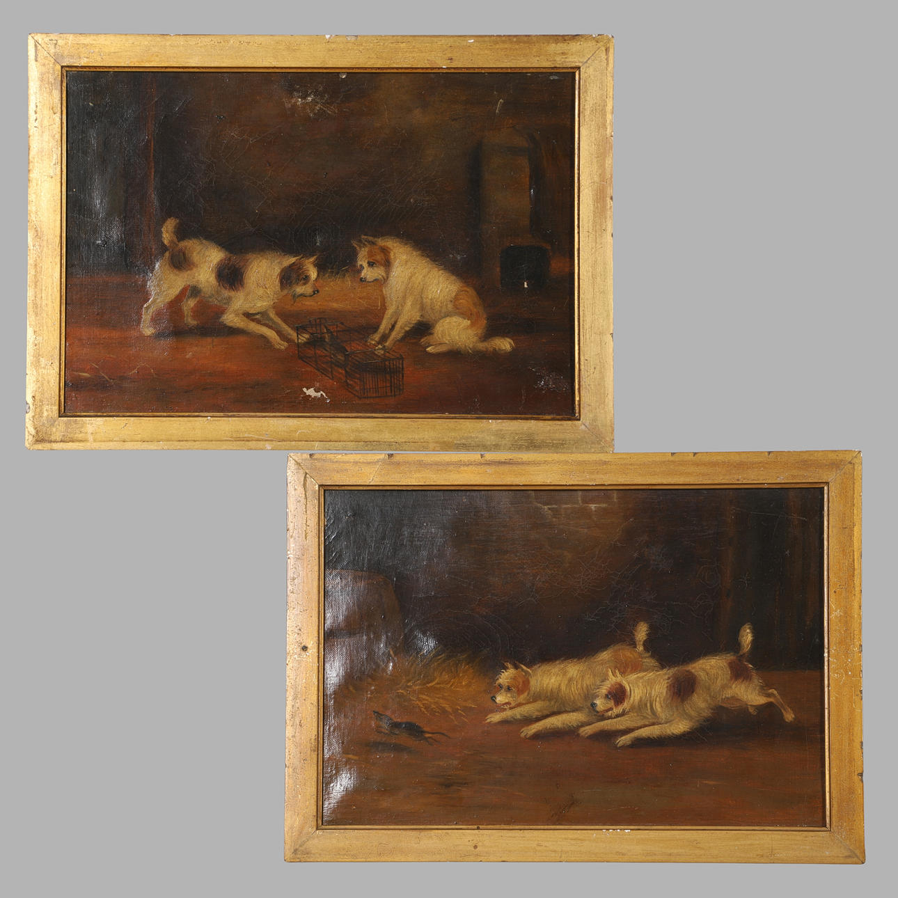 ATTRIBUTED TO FRANK WORMALD CASSELL (1862-1908). TERRIERS RATTING IN A BARN; TERRIERS OBSERVING A RAT IN A CAGE, A PAIR.
