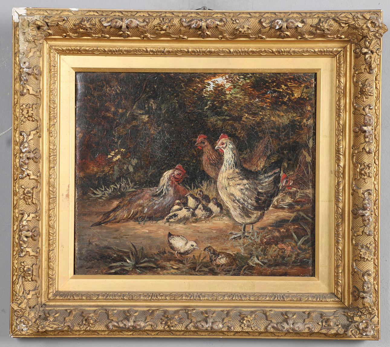 FOLLOWER OF WILLIAM HUGGINS (19TH CENTURY). HENS AND THEIR CHICKS IN A WOODED CLEARING.