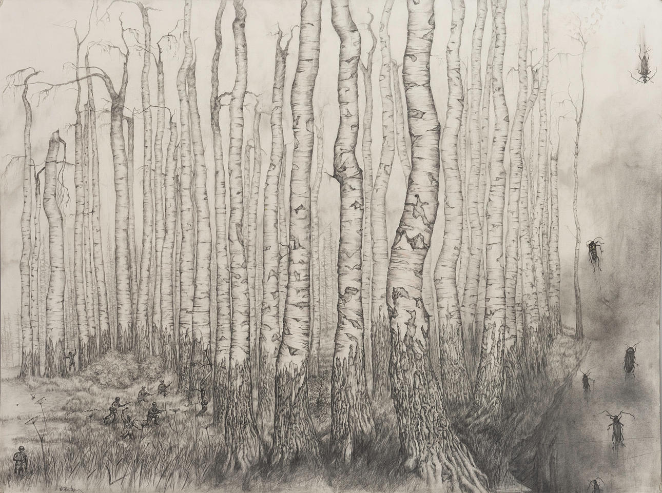 MATTIAS BÄCKLIN (1969-). Soldiers in birch forest, pencil drawing ...