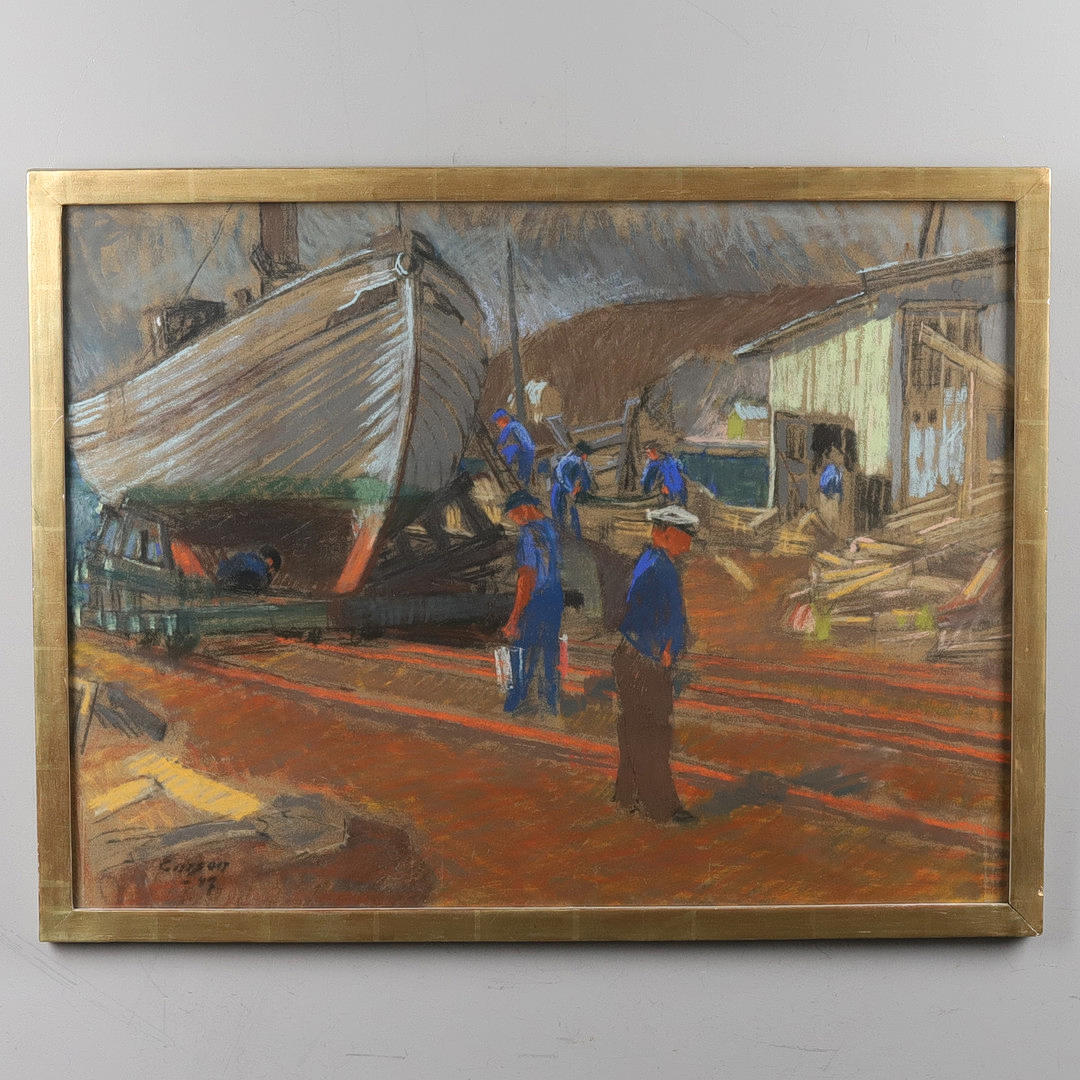 ERIK EMSON. Dry pastel, "Skeppsvarv", signed and dated -47.