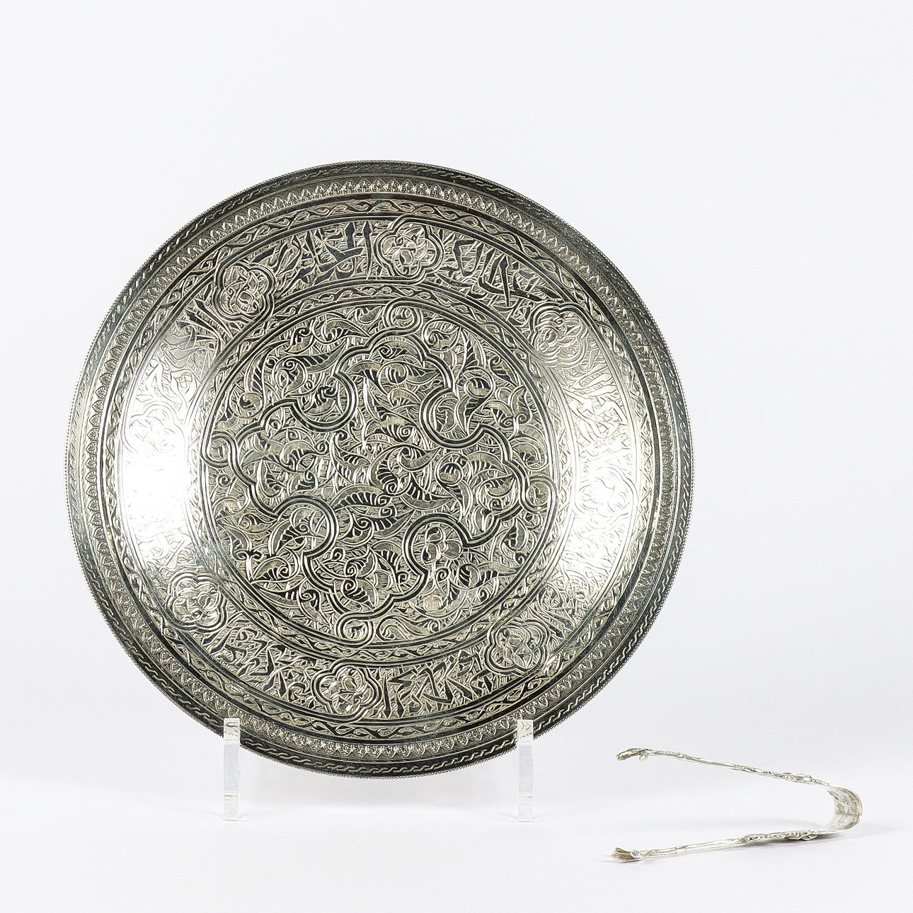 SILVER, dish and sugar tongs.