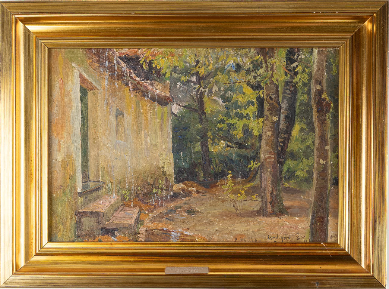 JUSTUS LUNDEGÅRD. Oil on panel, farm interior, signed, dated.