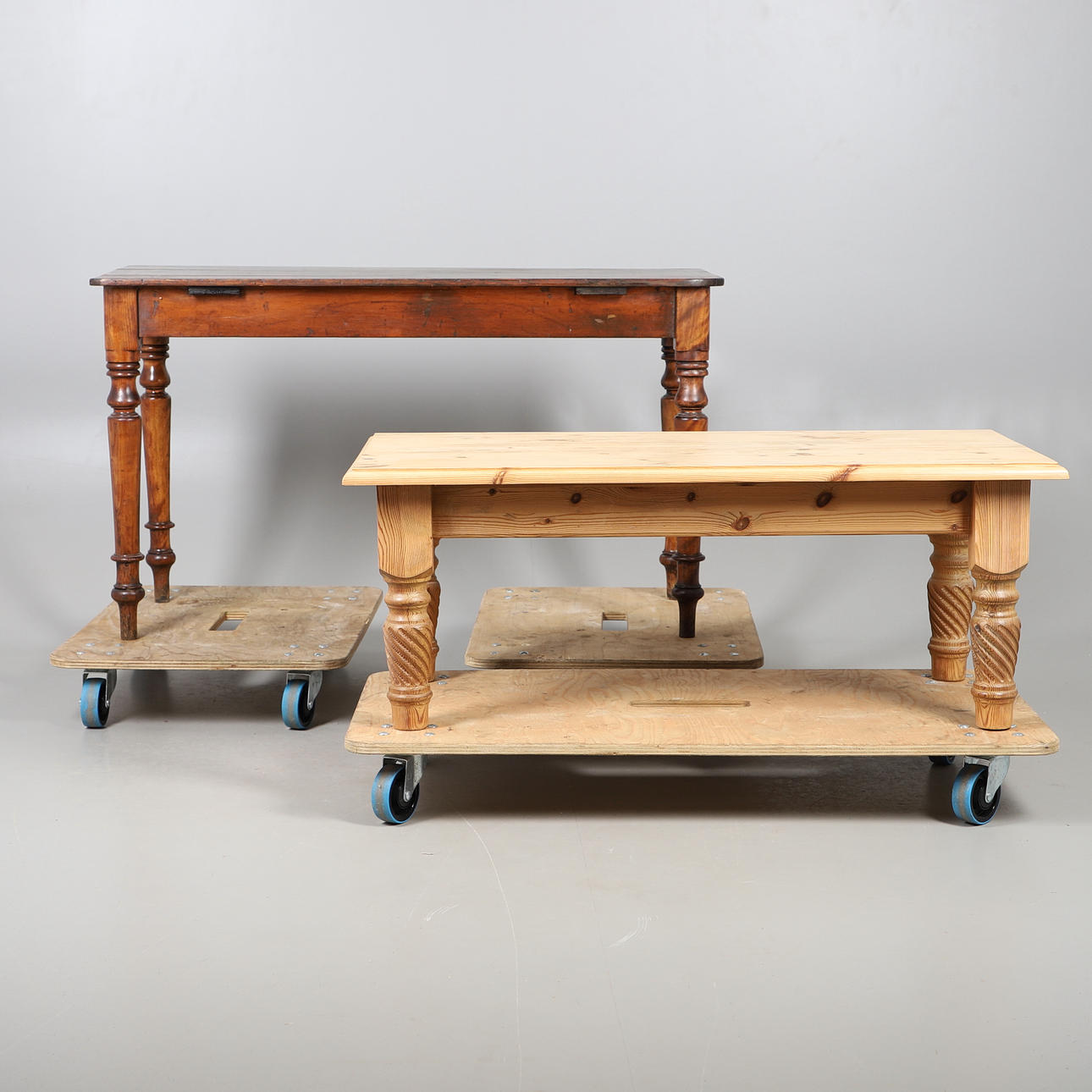 A MODERN PINE COFFEE TABLE AND A STAINED PINE SIDE TABLE.