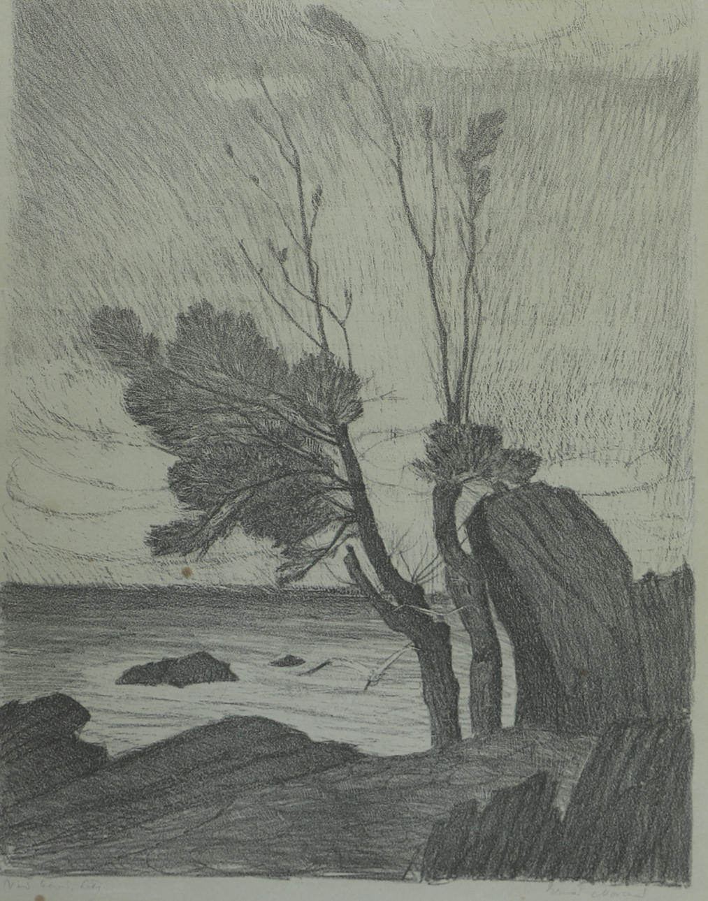 ERNST NORLIND. Coastal landscape, lithograph, signed.