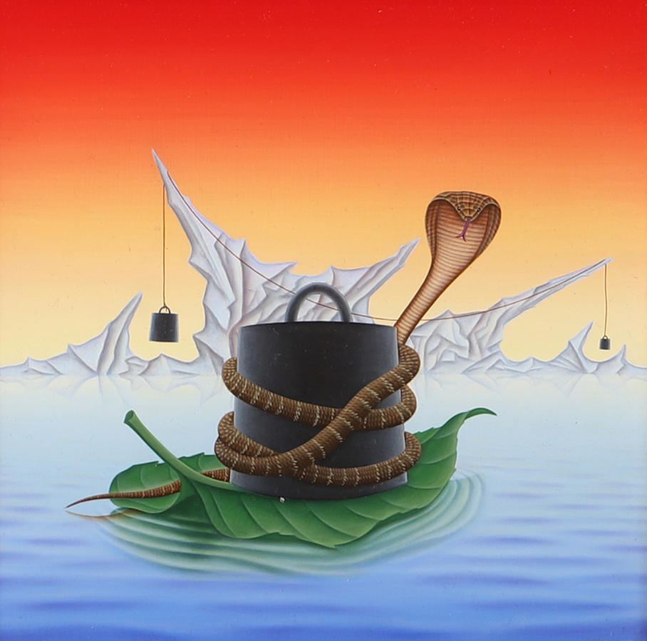 KONRAD EK. Composition with snake, mixed media, signed.