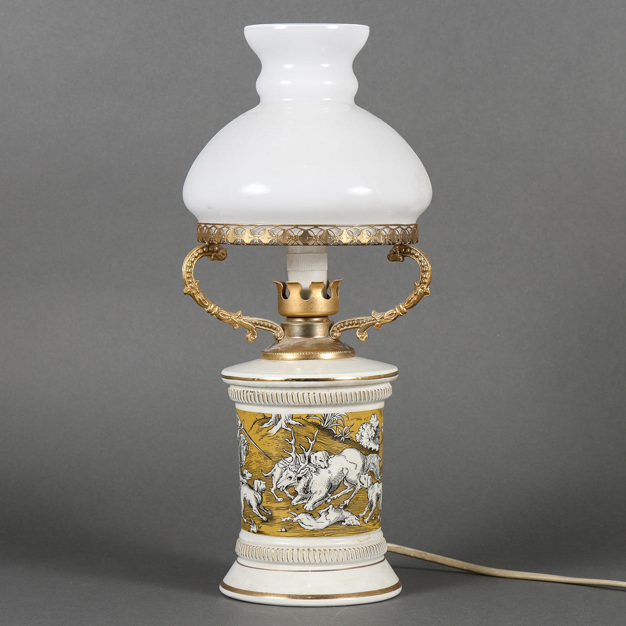 TABLE LAMP porcelain with glass shade.