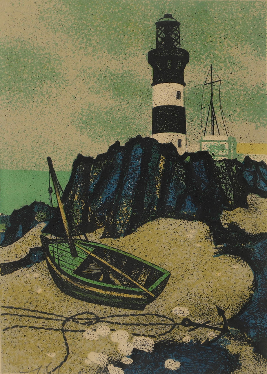YVES GANNE. Lighthouse, colour lithograph, signed.