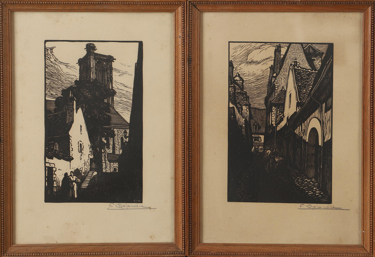FERDINAND CHALANDRE. Cityscapes, 2 woodcuts, signed.